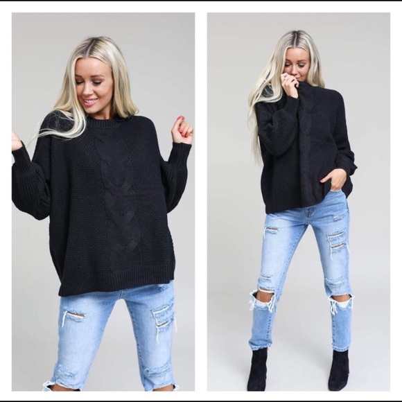 Chunky Cable Knit Balloon Sleeve Sweater in Black Sz Large - Picture 2 of 3